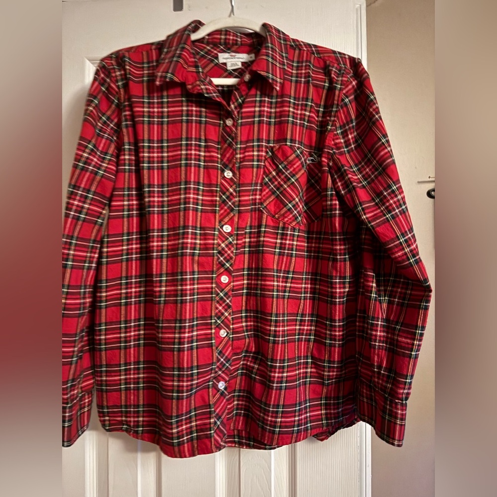Vineyard Vines Button Up Shirt Womens Size 14 Red Plaid Whale Tartan Top Ladies